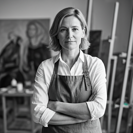Künstlerisches Schwarz-Weiß-Portrait der Dozentin und bildenden Künstlerin im Atelier.
